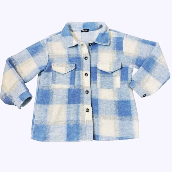 Nasty Gal Plaid Shacket Jacket Womens Size M Blue Ivory Poly Fleece Gorpcore - Picture 3 of 8